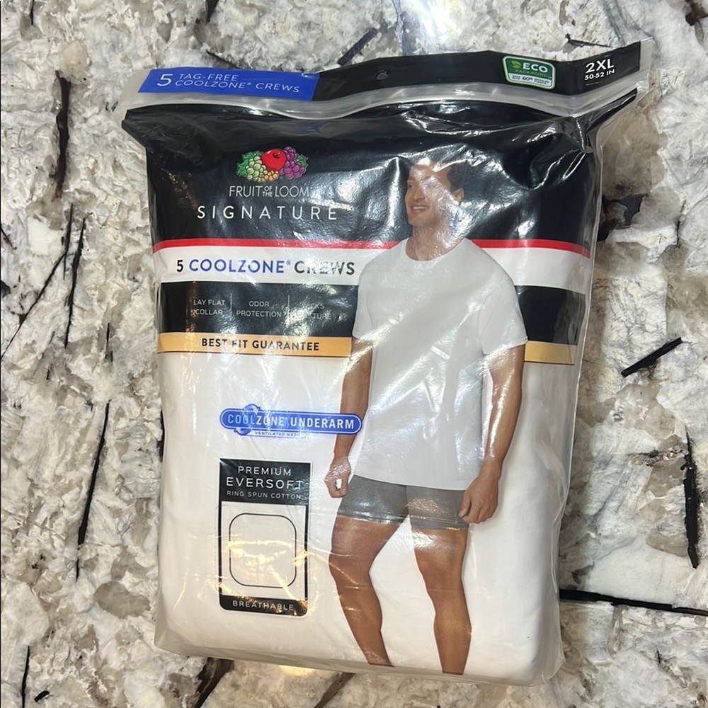Fruit of the Loom White Cotton crews Coolzone underarm ventilated mesh 5 pk new